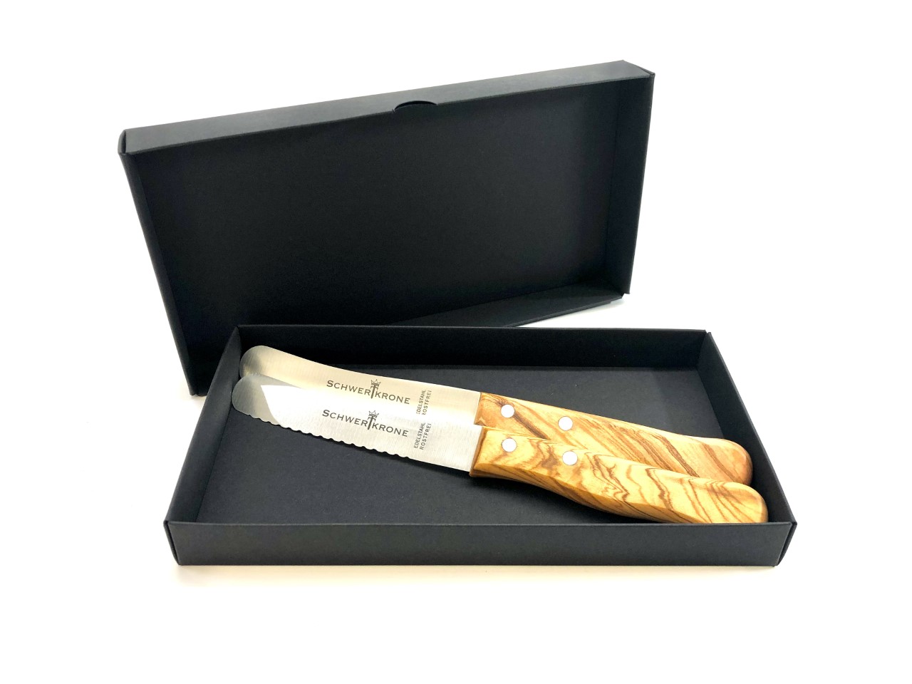 2 x Brötchenmesser mit Griff Olivenholz in Geschenkbox
